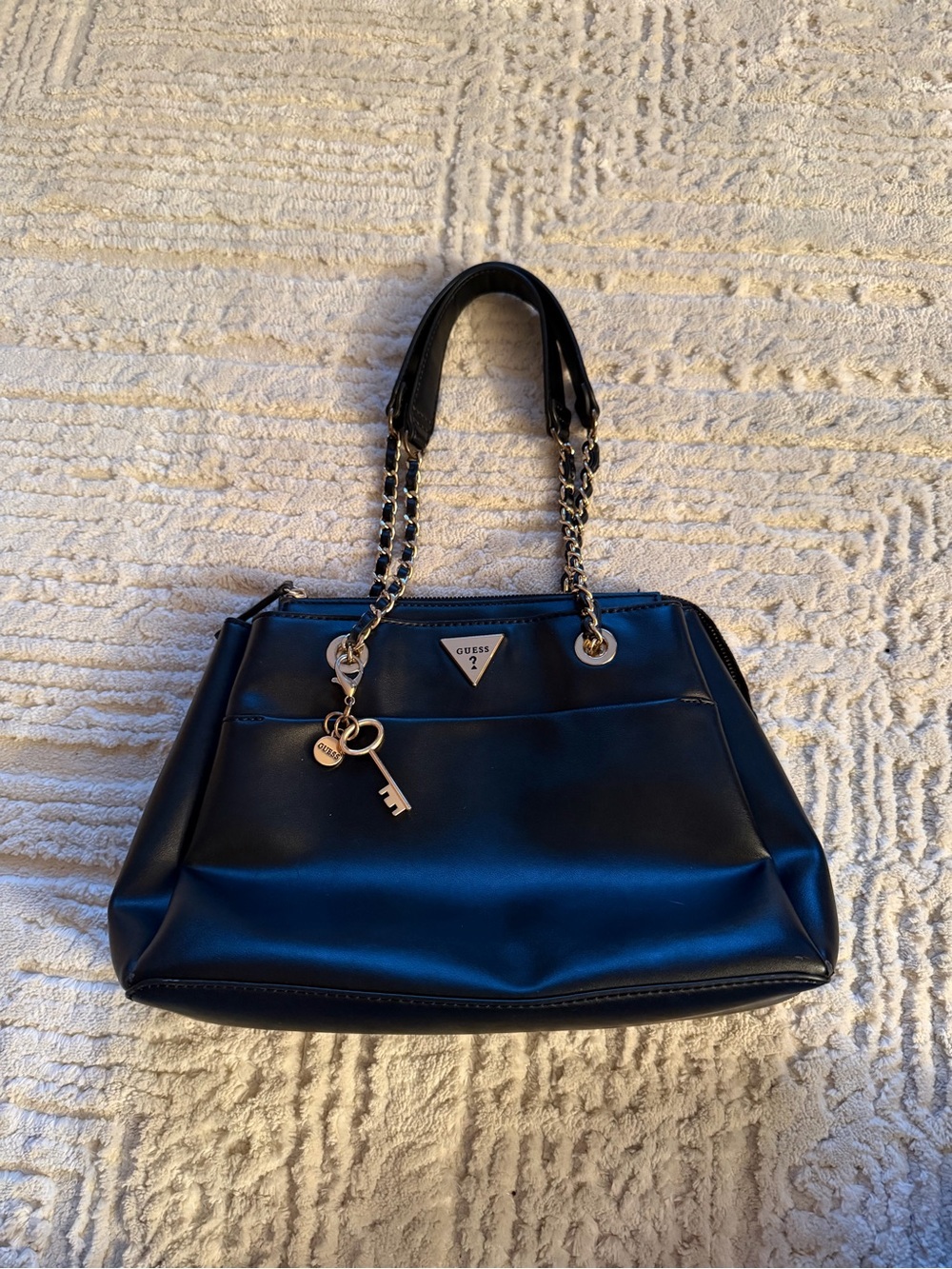 GUESS Black Satchel with Gold-Tone Chain Handles and Key Charm